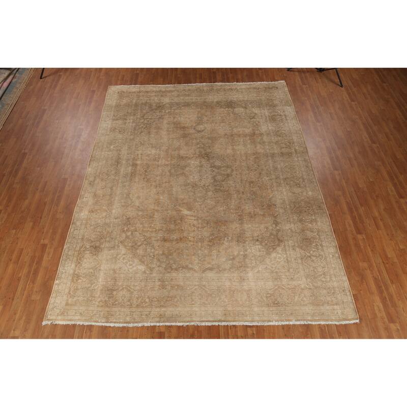 Hand Knotted Oriental 100% Wool Carpet Traditional Distressed Brown Mashad Area Rug - 13' 1'' X 9' 8''