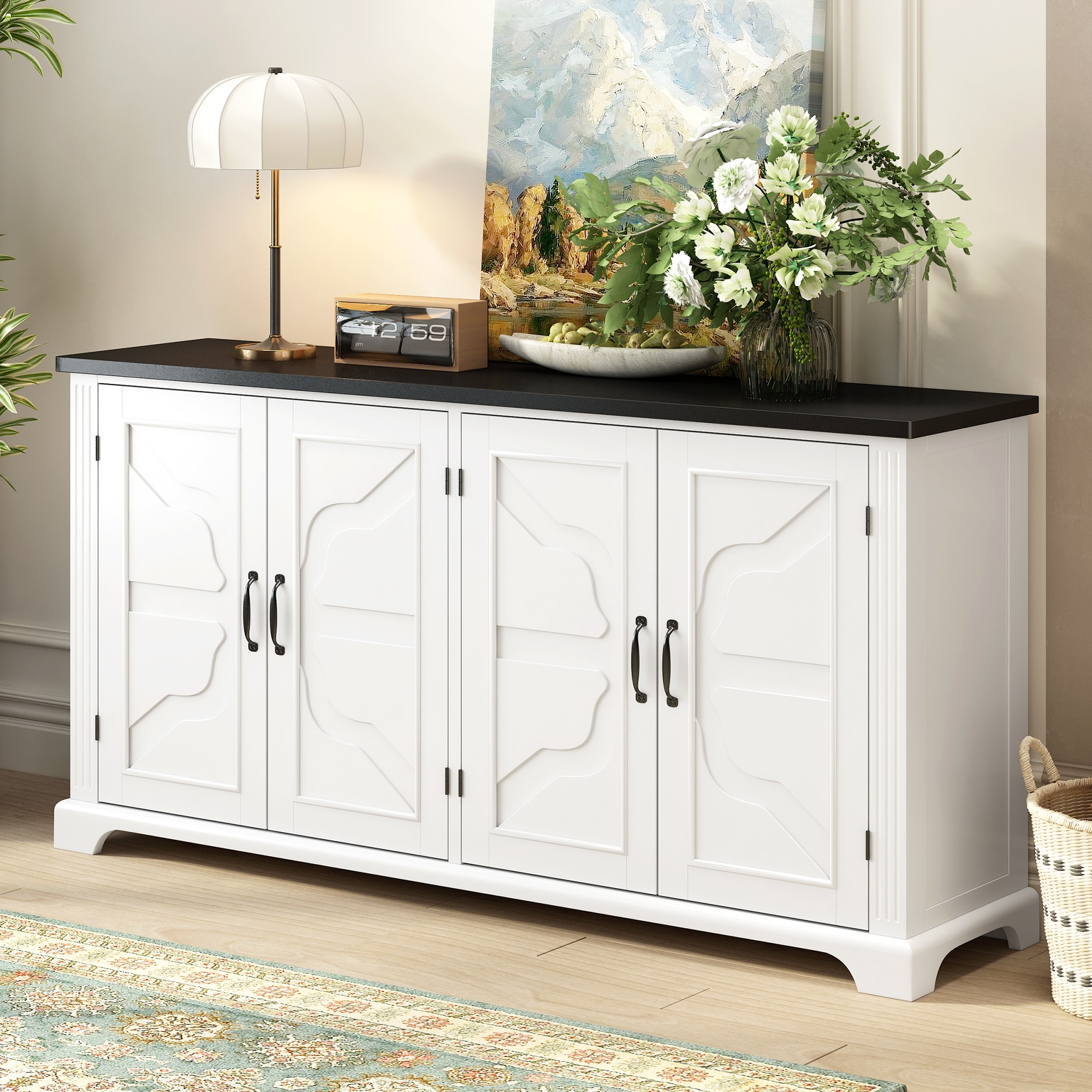Wooden Sideboard with Metal Handles, Storage Cabinet with 4 Pine Door