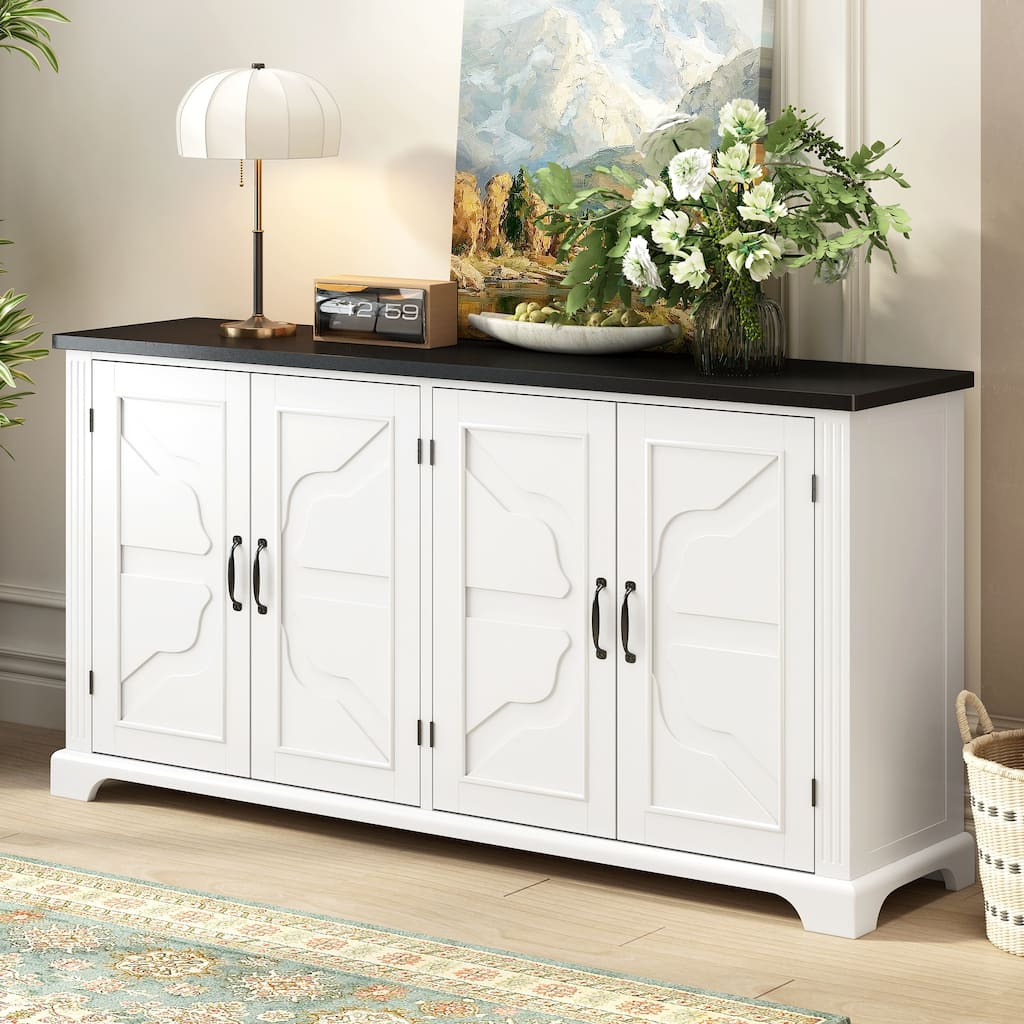 Wooden Sideboard with Metal Handles, Storage Cabinet with 4 Pine Door