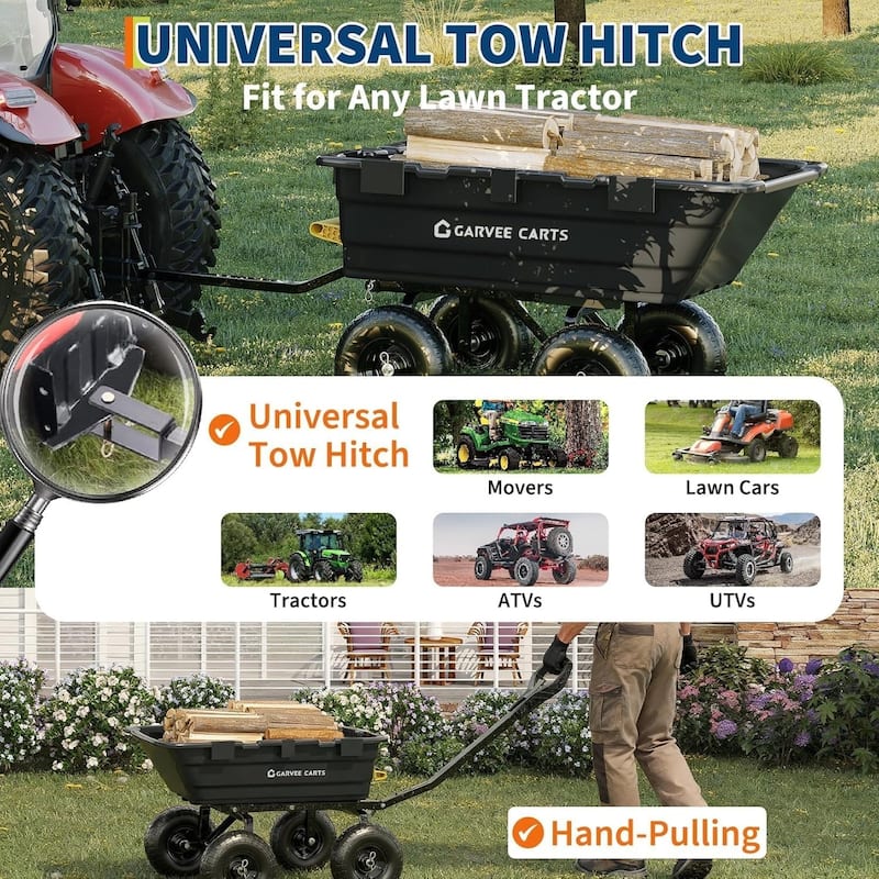 Heavy-Duty 1200lb Yard Dump Cart 7 Cu Ft Bed 2-in-1 Handle and 13In All-Terrain Tires