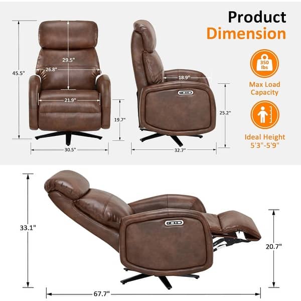 dimension image slide 0 of 3, MCombo Dual Motor Power Recliner Chair for Adults, Modern Faux Leather Electric Swivel Recliner with USB Charging