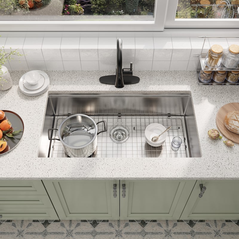 Undermount Single Bowl Nano Brushed Stainless Steel Workstation Kitchen Sink with Pull-Down Kitchen Faucet and Accessories