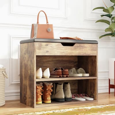 24" Rustic Entryway Shoe Storage Bench Open Shelf (6 Pairs) Shoe Storage Cabinet