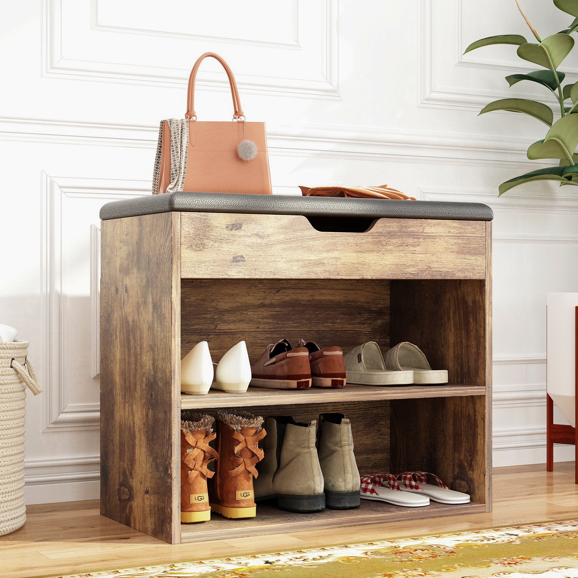 24" Rustic Entryway Shoe Storage Bench Open Shelf (6 Pairs) Shoe Storage Cabinet