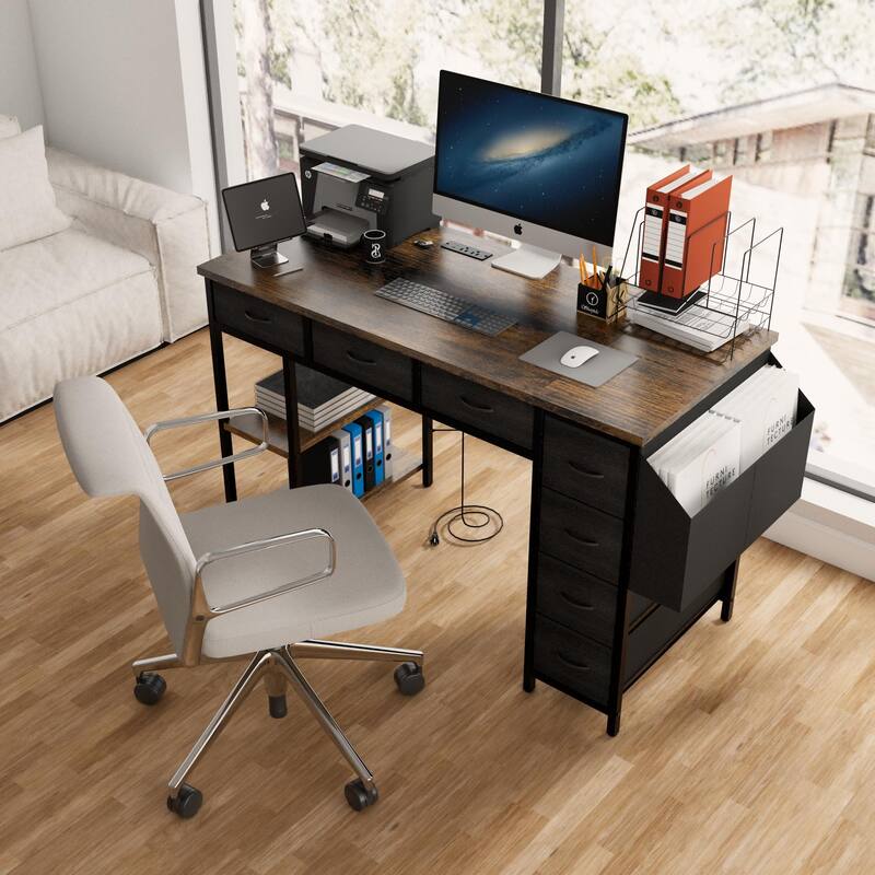 47" Computer Desk With Power Outlet,Writing Desk with 7 Fabric Drawers