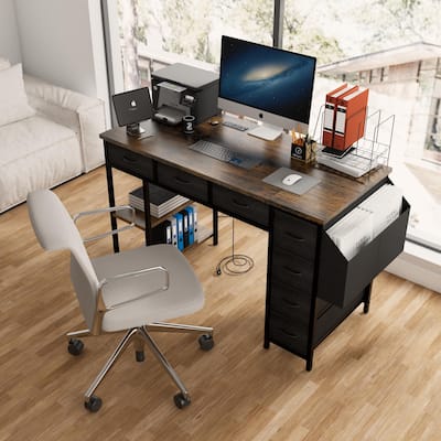47" Computer Desk With Power Outlet,Writing Desk with 7 Fabric Drawers