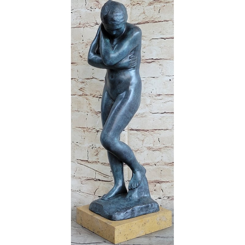 Eve By Auguste Rodin 1880 Bronze Statue Sculpture Replica Green Patina On Tan Marble Base