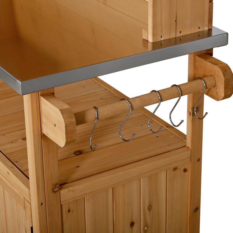 65" Outdoor Potting Bench with Stainless Steel Top, Rolling Garden Workstation with Hutch & Storage