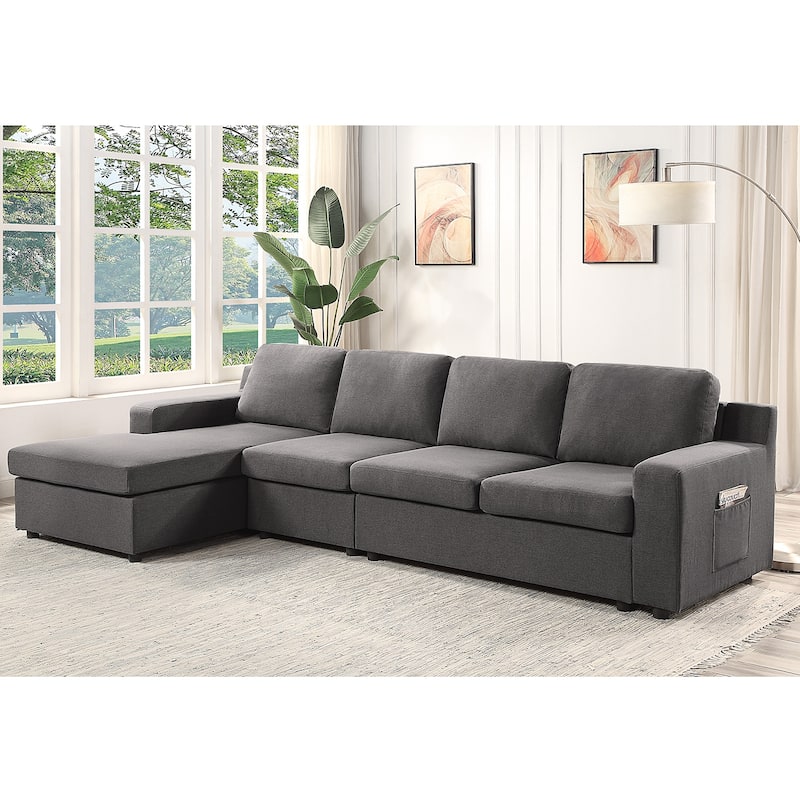 Linen 4-Seater Sectional Sofa Chaise with Pocket in Gray