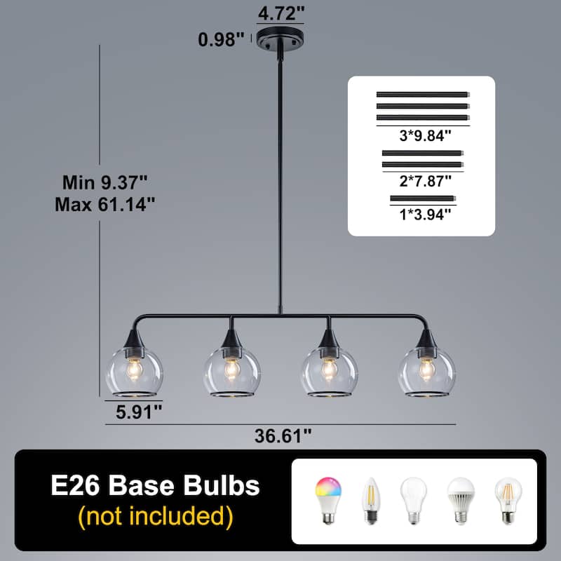 Starsky 4-Light Linear Clear Glass Globe Pendant for Kitchen Island, Modern Adjustable Chandelier