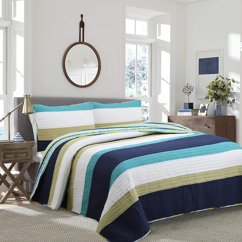 Cozy Line Aquamarine Stripe Patchwork Navy Blue Green Star Dot Cotton Reversible Quilt Bedding Set