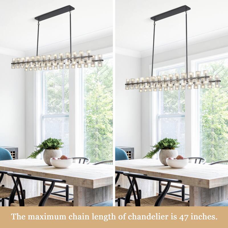 57.09-inch 56-light modern and stylish linear metal chandelier with crystal lampshades