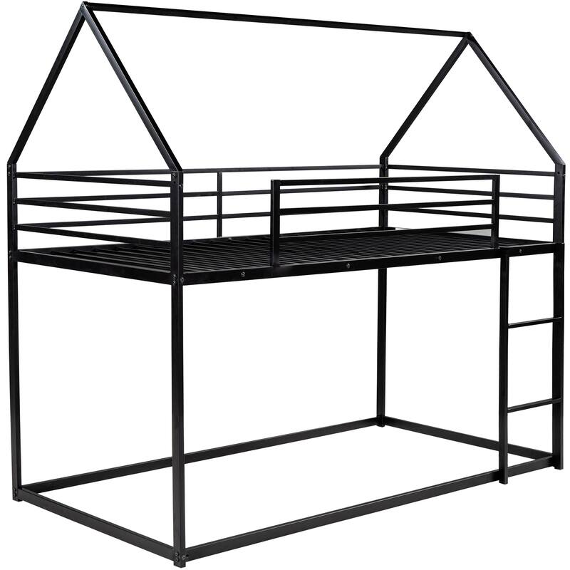 Twin Over Twin Metal Bunk Bed, Playhouse Bunk Beds w/Safety Guardrail & Ladder, Metal Twin Bunk Bed Frame, No Box Spring Needed - Black - Twin