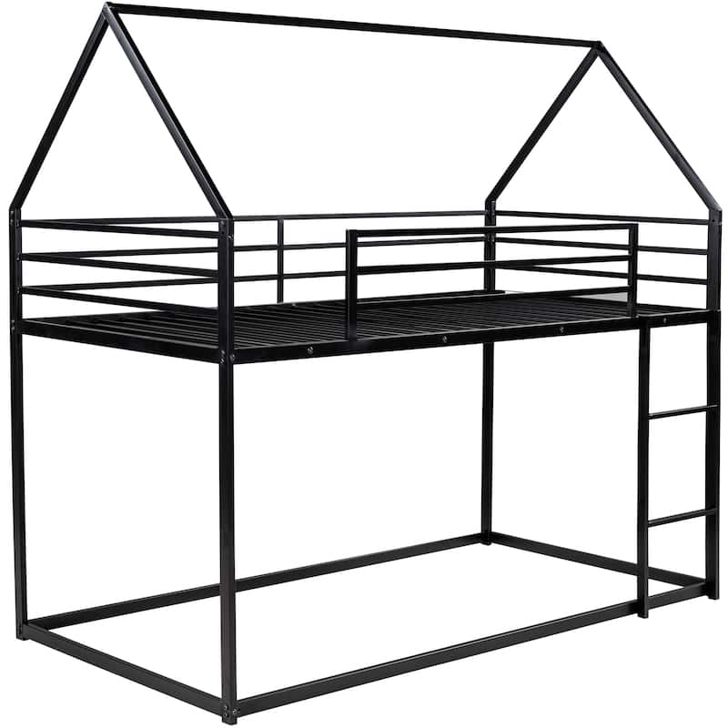 Twin Size Floor Bunk Bed Frame, Heavy Duty Metal House Bunk Bed, Twin over Twin House Shaped Bed Frame with Convertible Ladder