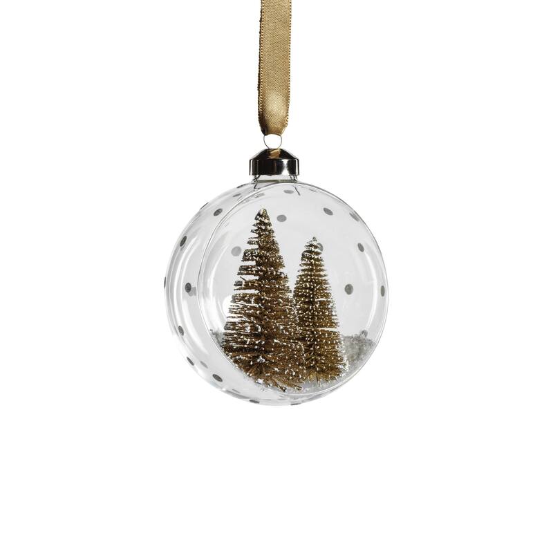 Clear Glass 4" Ball Ornaments w/ Gold Pine Trees, Set of 6