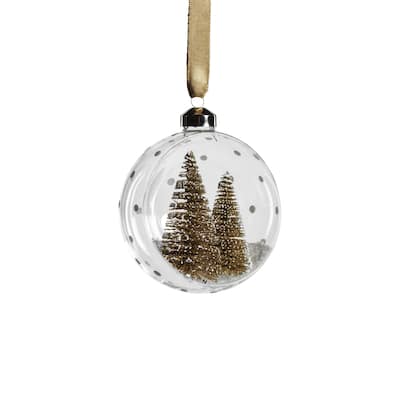 Clear Glass 4" Ball Ornaments w/ Gold Pine Trees, Set of 6