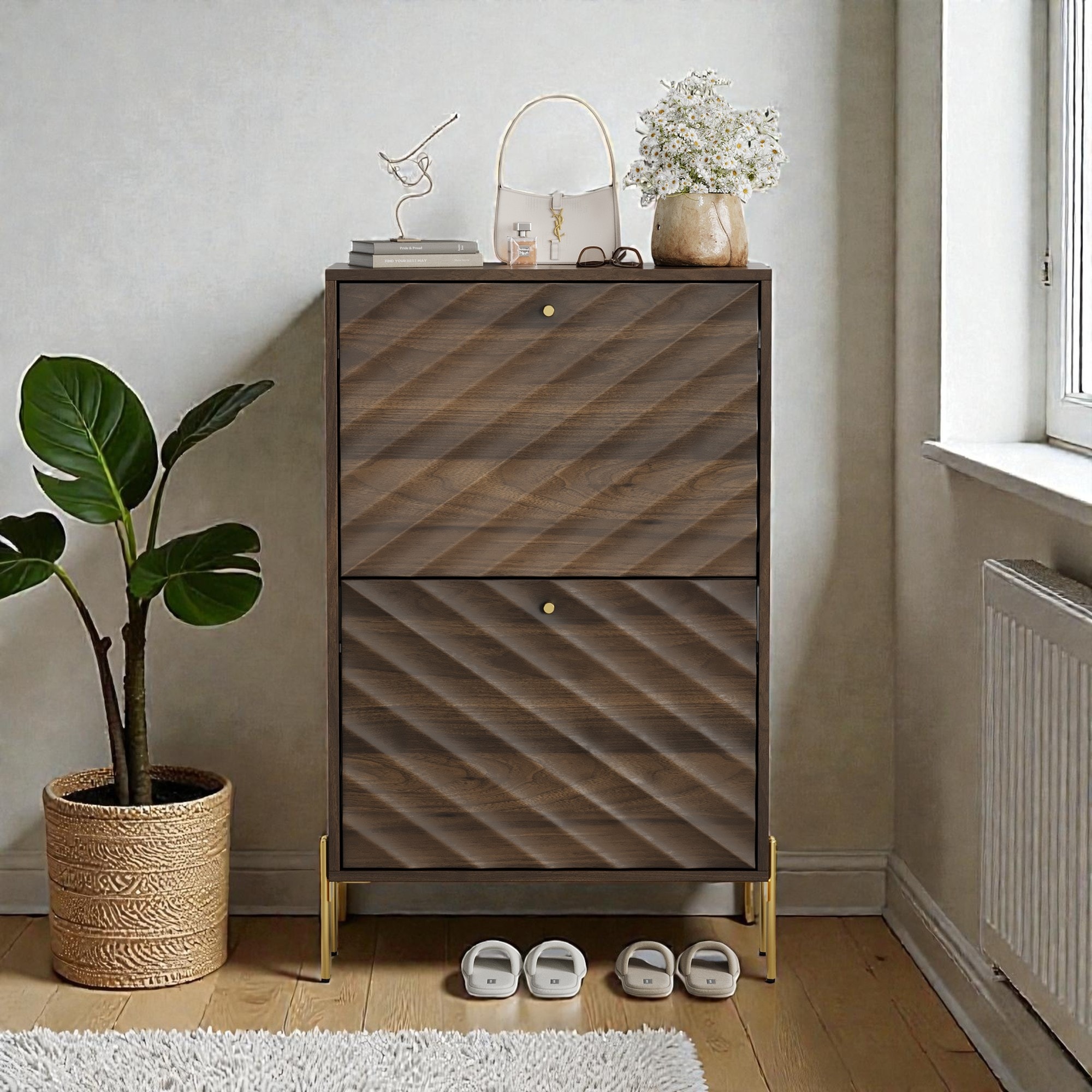 23.6 in. Modern Shoe Cabinet with 2 Flip Drawers, Freestanding Entryway Organizer with Metal Legs, Storage Cabinet