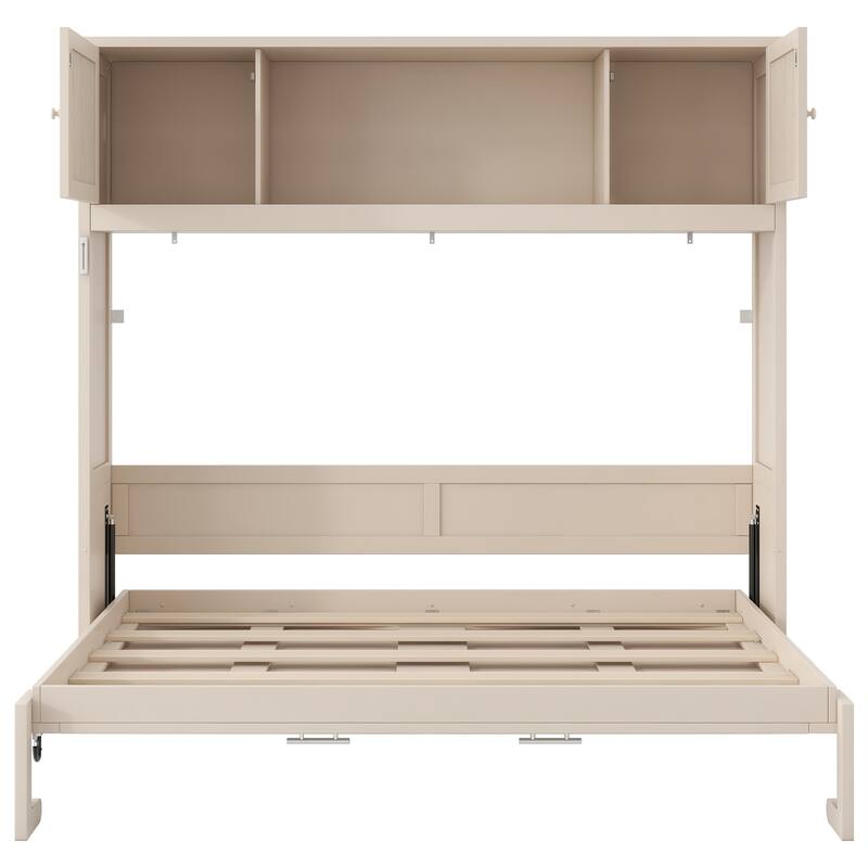 Full Size Murphy Bed Space Saving Cube Cabinet Bed Frame with Top Storage Bookcase Cabinets, Foldable Platform Bed Frame