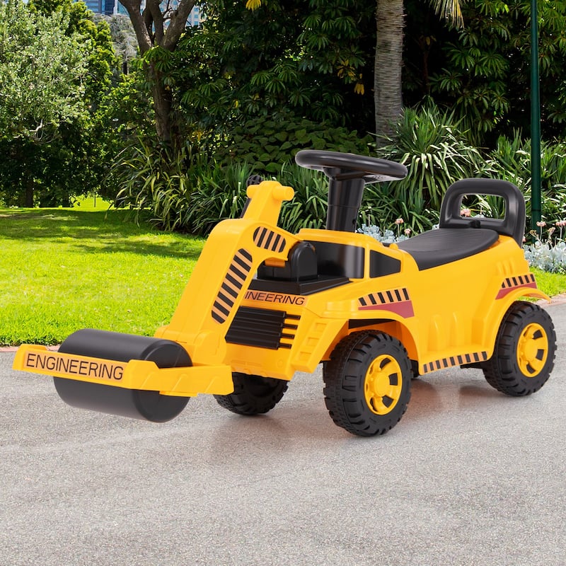 Kids Ride On Road Roller Toy Construction Vehicle with Steering Wheel Engine Sound and Under Seat Storage for Toddlers