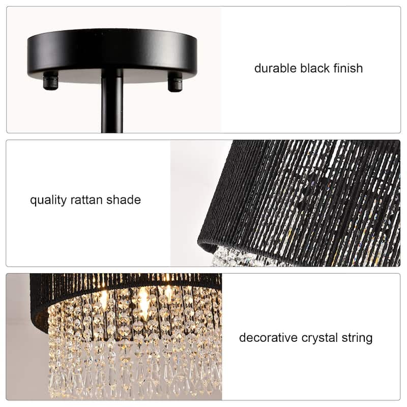 3 - Light Bohemian Rattan & Crystal Semi - Flush Mount Chandelier