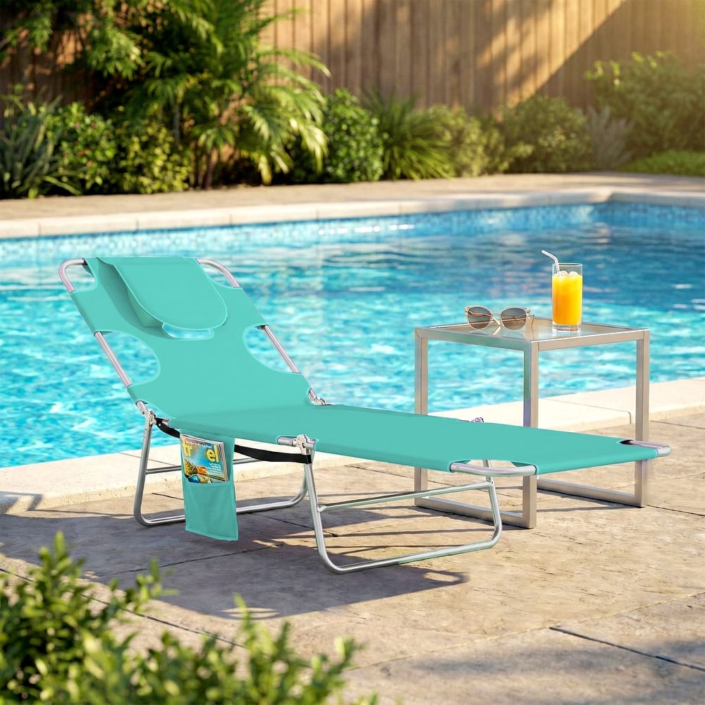 Outsunny Folding Beach Lounge Chair with Face Hole and Arm Slots, 5-level Adjustable Sun Lounger Tanning Chair with Pillow