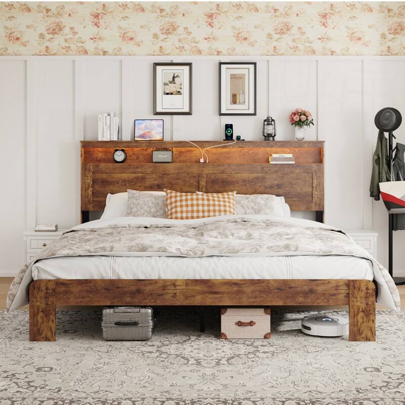Wood Platform Bed Frame with Storage LED Light Headboard and 2 USB
