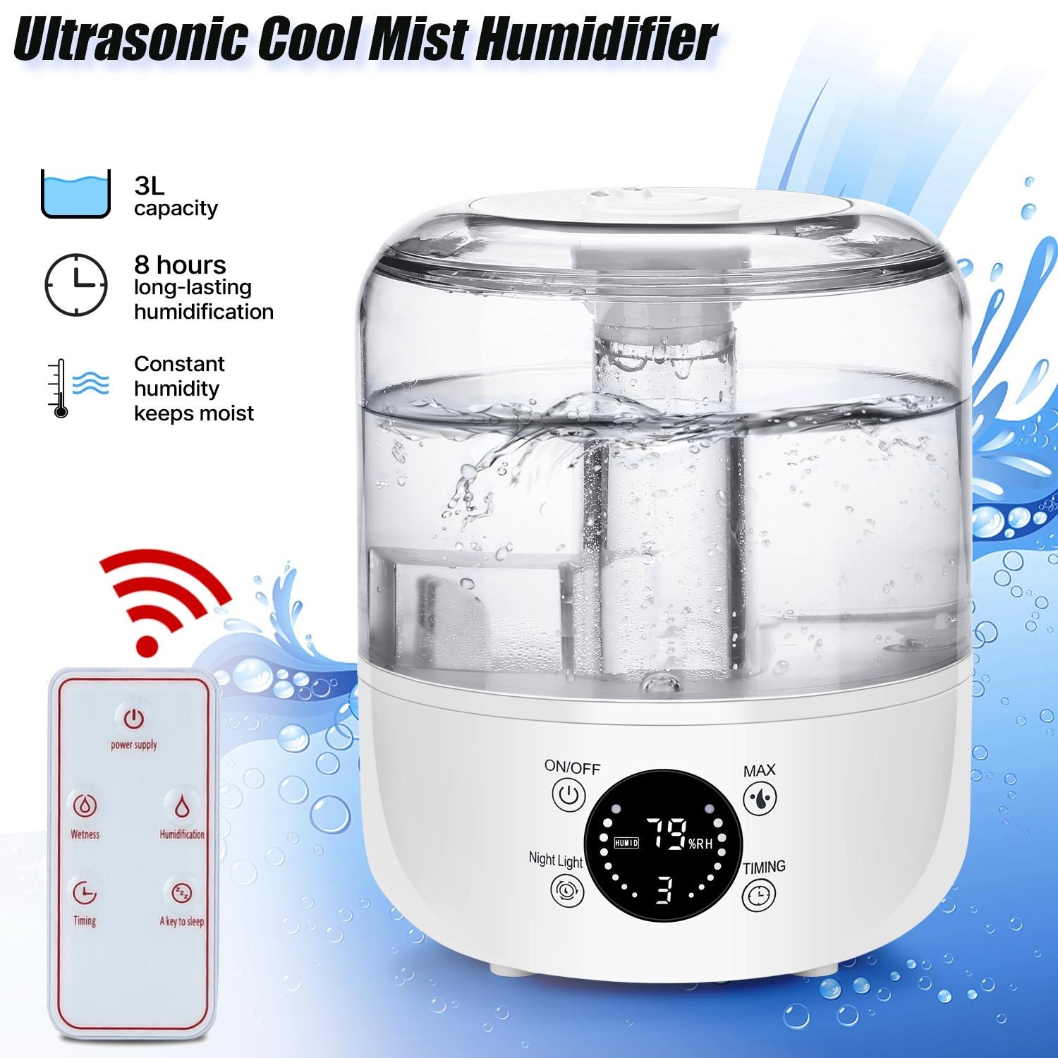 3L Air Humidifier with LED Touch Display n Remote for Room - M