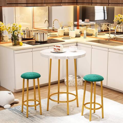 Mieres Modern Style 3 Pieces Faux Marble Wood Top Counter Top Dining Table Set, Kitchen Bistro Pub Round Bar Table with 2 Stools