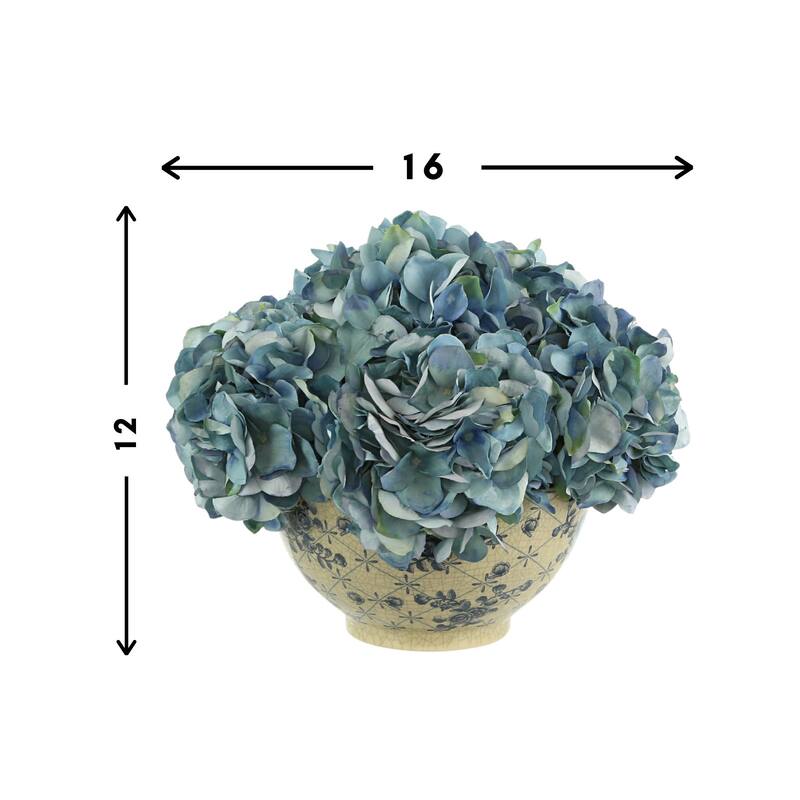 Hydrangea Floral Arrangement in a Decorative Ceramic Bowl - Blue, White