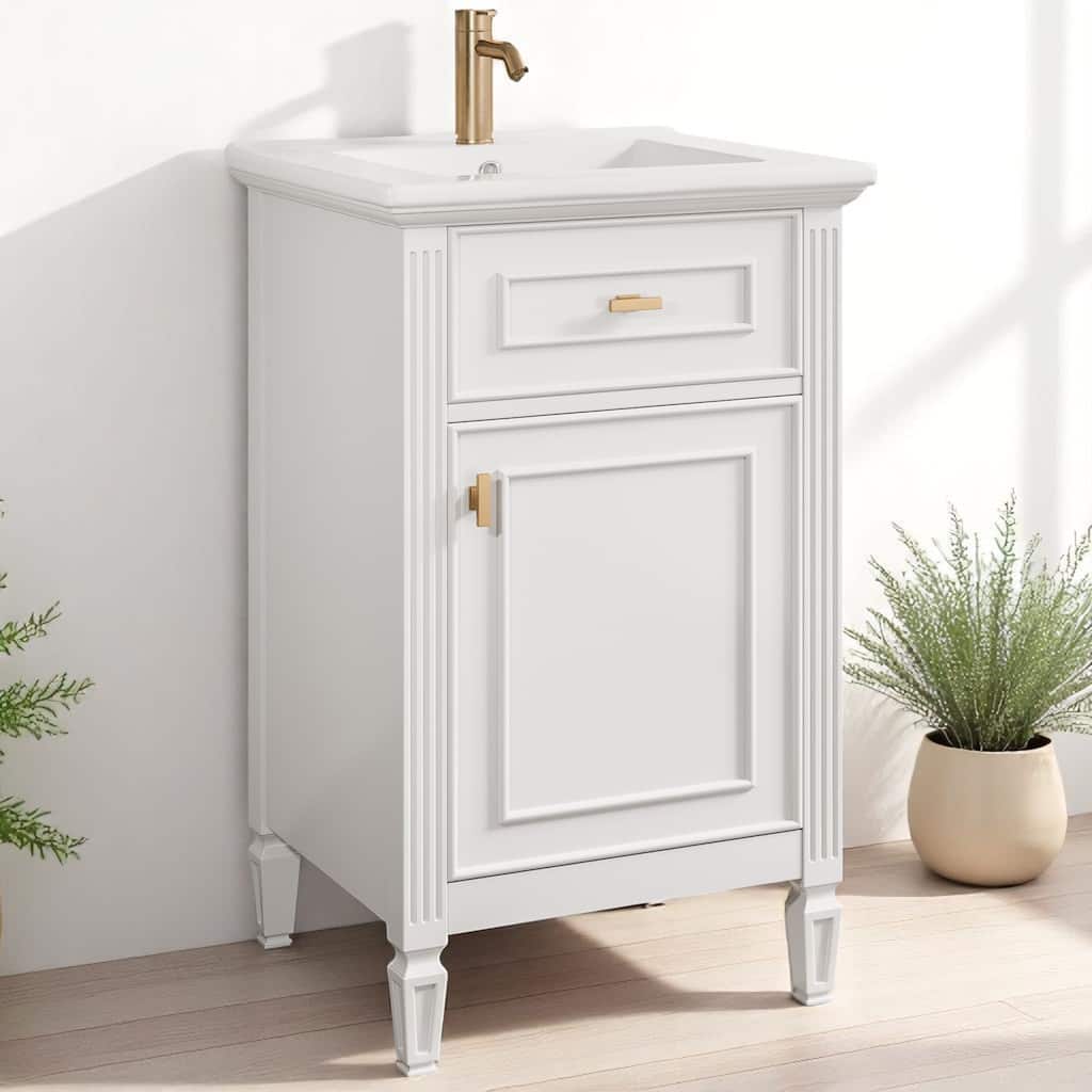 20" Bathroom Vanity with Sink, Freestanding White Cabinet with Ceramic Basin, Tilt-Out Drawer, Adjustable Shelf, Solid Wood Legs
