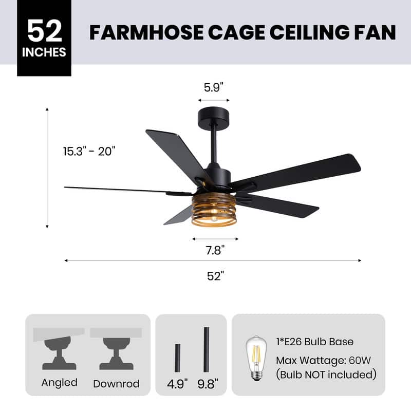 52 Inch Farmhouse Ceiling Fans with Lights and Remote Wood Black Industrial Rustic Caged Ceiling Fan for Bedroom Living Room