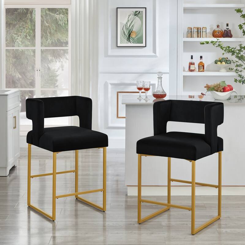 Modern Fashion Counter Height Bar Stools with Unique Square Open Backrest, Set of 2 Versatile Bar Chairs - Black