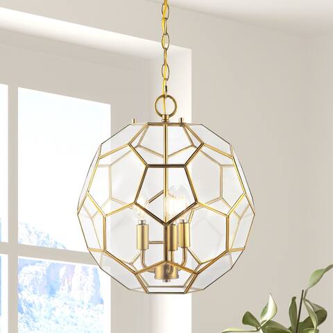 Violet 13.5" 3-Light Modern Bohemian Iron/Glass LED Pendant, Brass Gold/Clear by JONATHAN Y - 3 Light