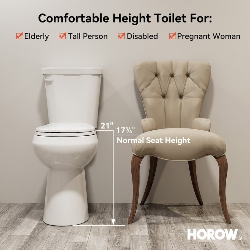 HOROW 21 in. Tall 2-Piece Round Toilet in White with Comfortable Chair Height Seat and 1000g Powerful Flush - 21 Inch