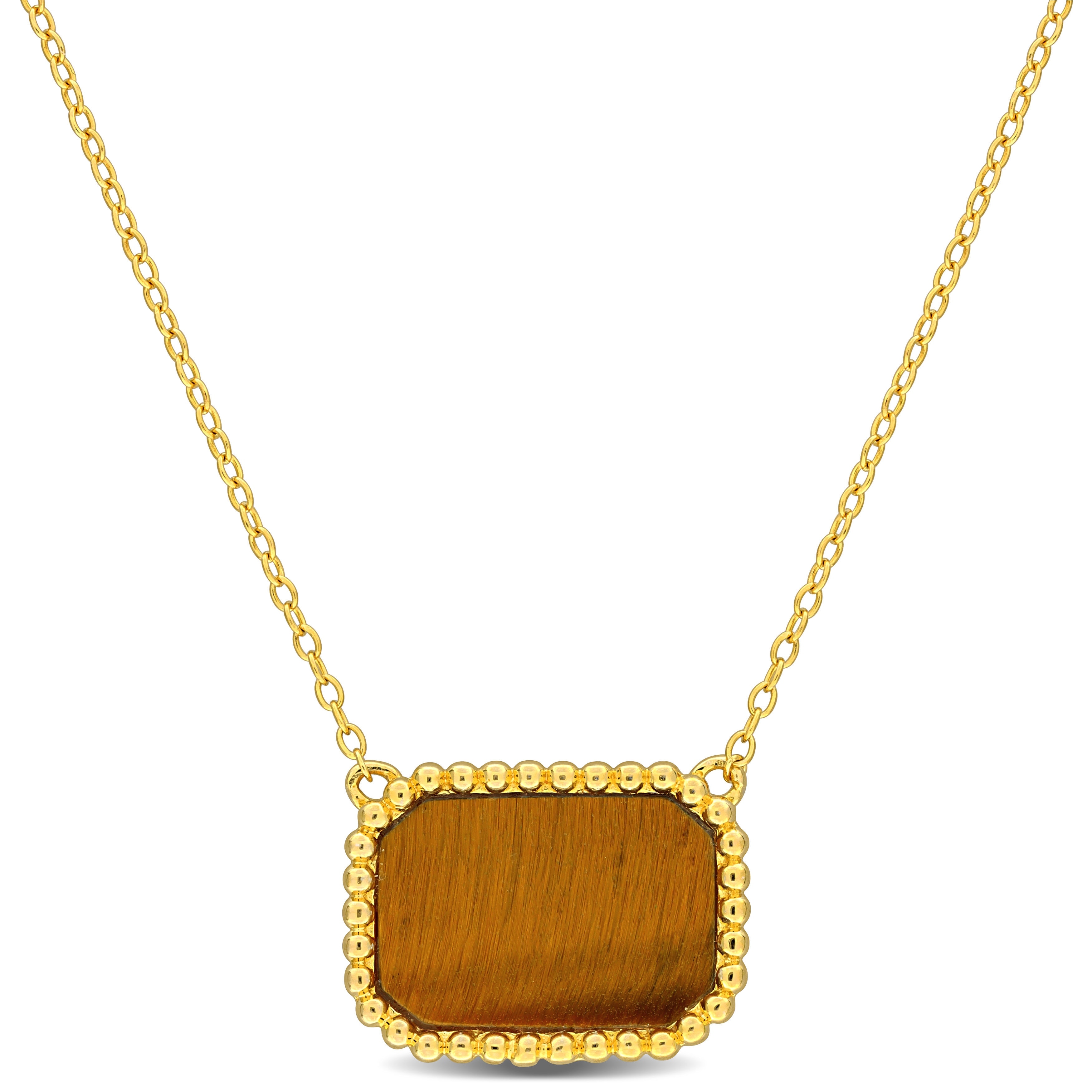 Miadora 5ct TGW Octagon Shape Tiger Eye Necklace Beaded Halo Yellow Silver