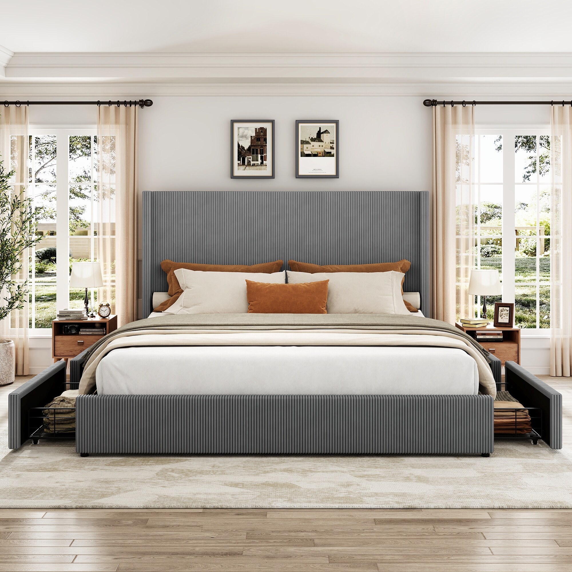 Platform Bed Frame with Storage Drawers and Tufted Headboard, No Box Spring Needed
