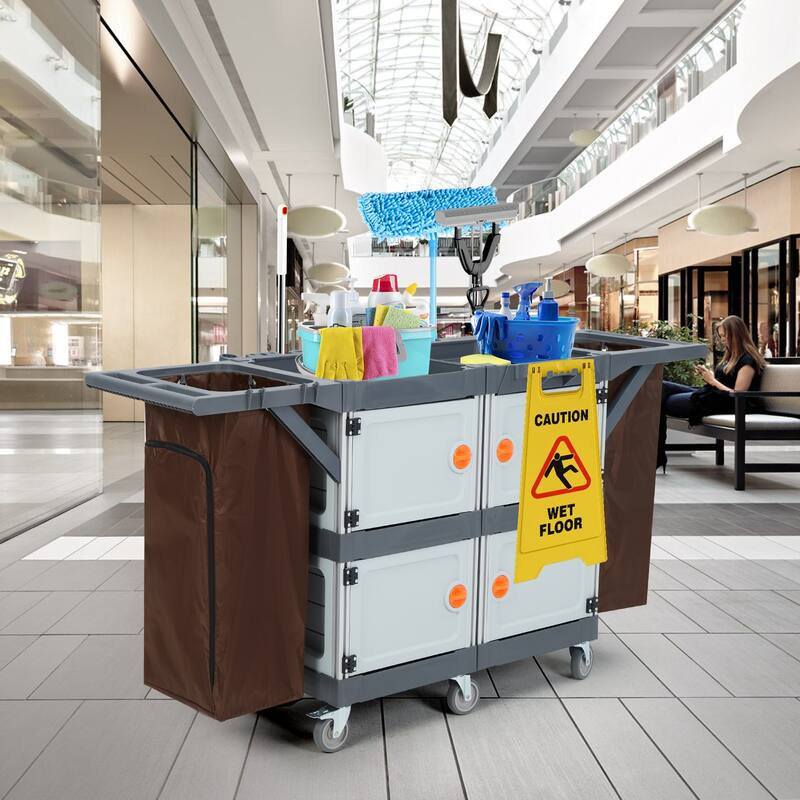 3 Layer Cleaning Cart with 4 Cabinet, 220 Lbs Heavy Duty Commercial Janitorial Cart - Grey