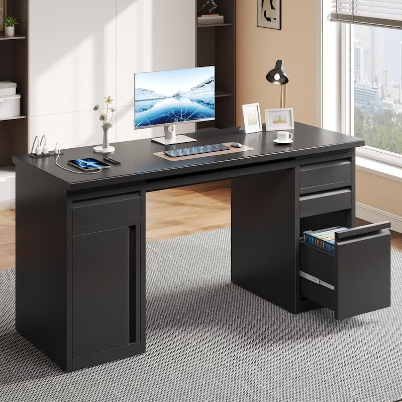 Moasis Large Executive Desk Office Desk with USB Power Outlets and Filing Cabinet - Black