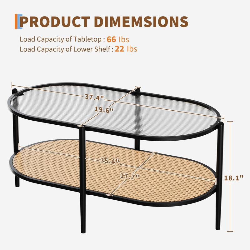 2-Tier Rattan Coffee Table, Boho Oval Coffee Table with Tempered Glass Top