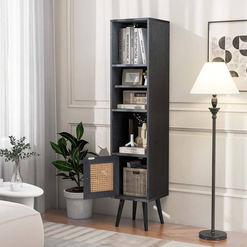 Costway Rattan Storage Cabinet Freestanding Slim Organizer Wood - See Details
