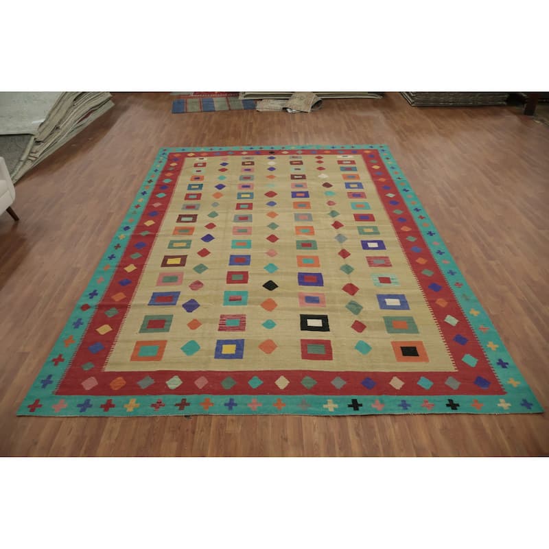 Hand Woven Oriental 100% Wool Carpet Southwestern Modern Multi-Colored Kilim Area Rug - 14' 6'' X 9' 10''