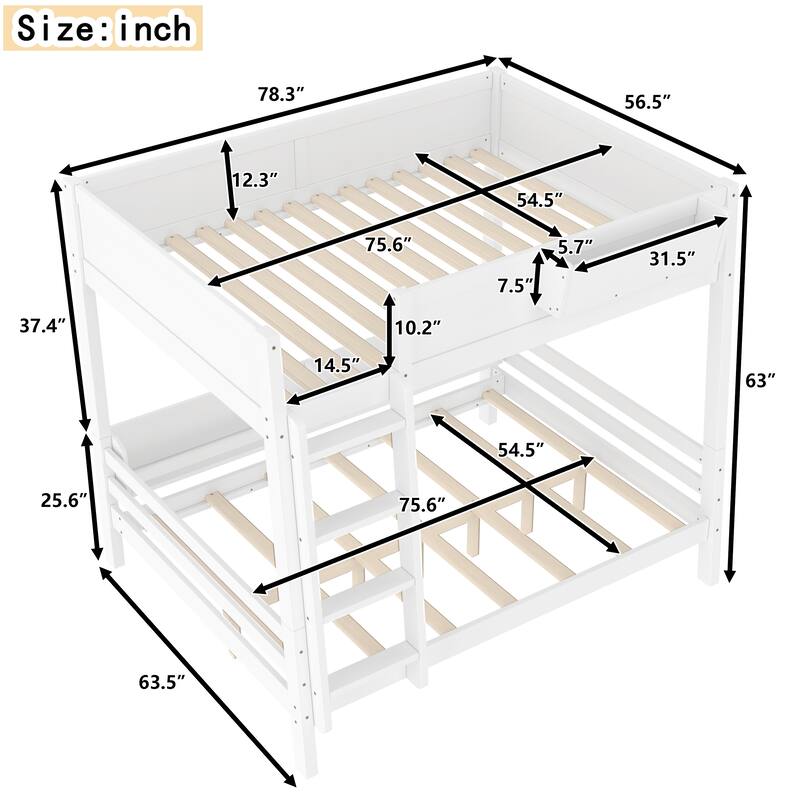 Wooden Bunk Bed Frame with Built-In Storage Shelves, Convertible to Two Beds, No Box Spring Needed