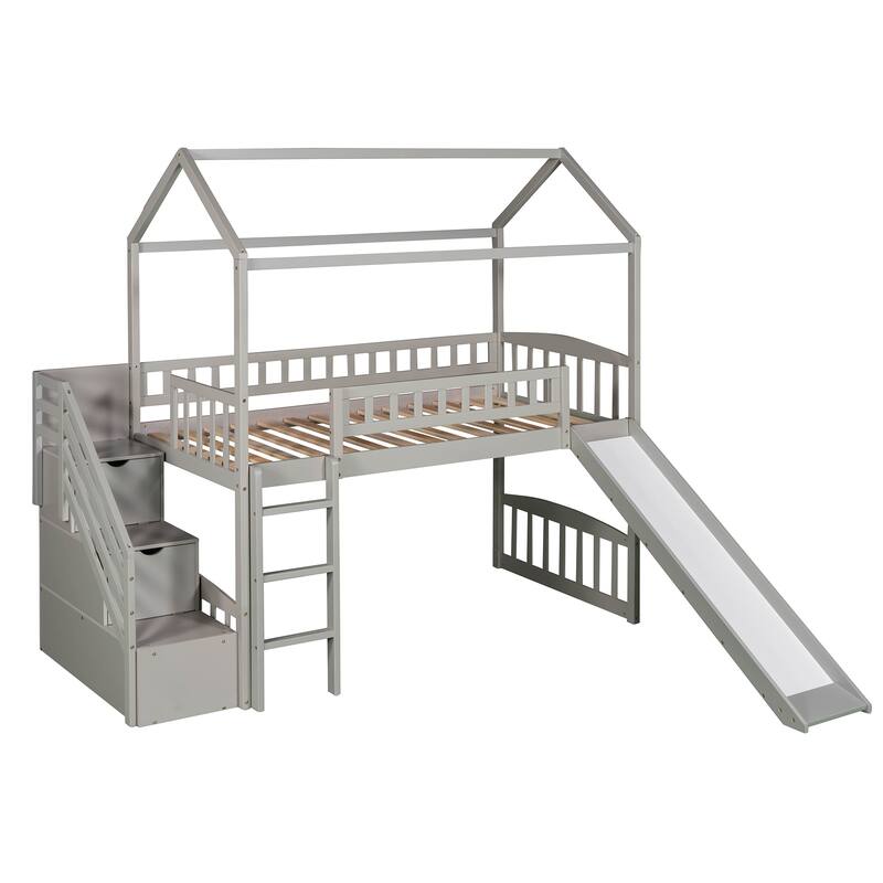 Twin Size High Loft Bed with Ladder and Slide, Solid Wood Playhouse Loftbed Bedframe with Storage Staircase, for Kids Teens