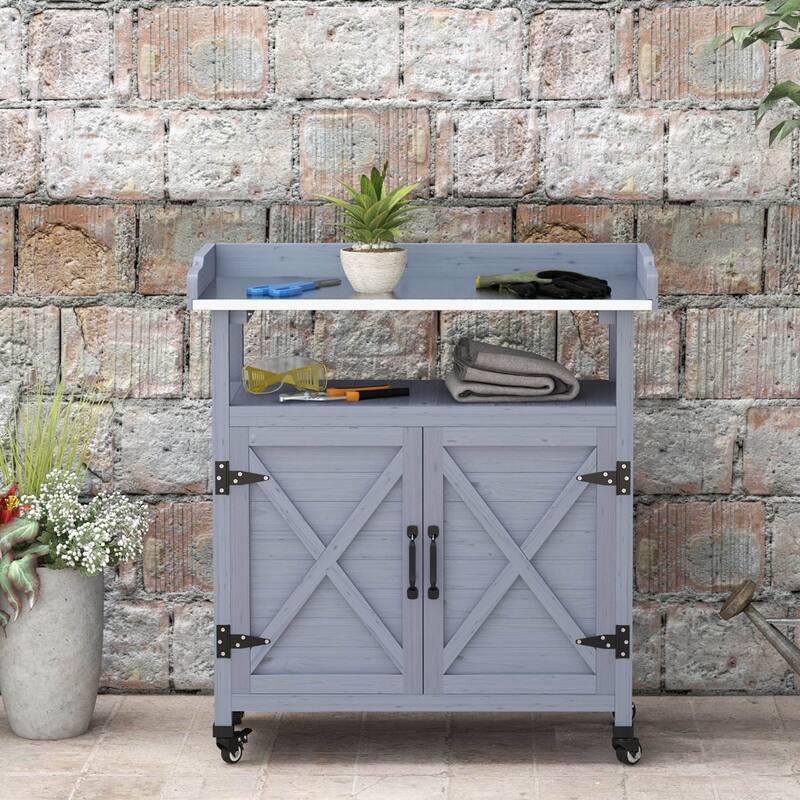 Outsunny Outdoor Potting Bench, Wooden Potting Table with Storage Cabinet, Aluminum Table Top, Rubber Wheels