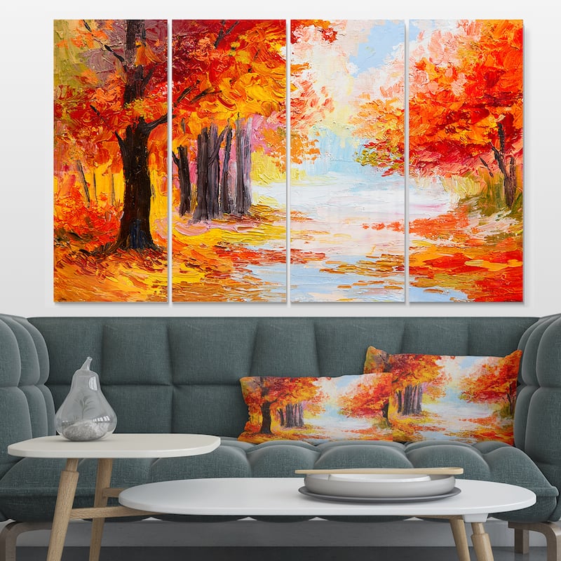Designart 'Orange Forest in Autumn' Landscape Metal Wall Art