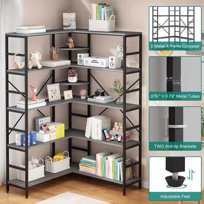 4-Tier L Shaped Industrial Bookshelf Corner Bookcase with Open Shelves and Curved Panels