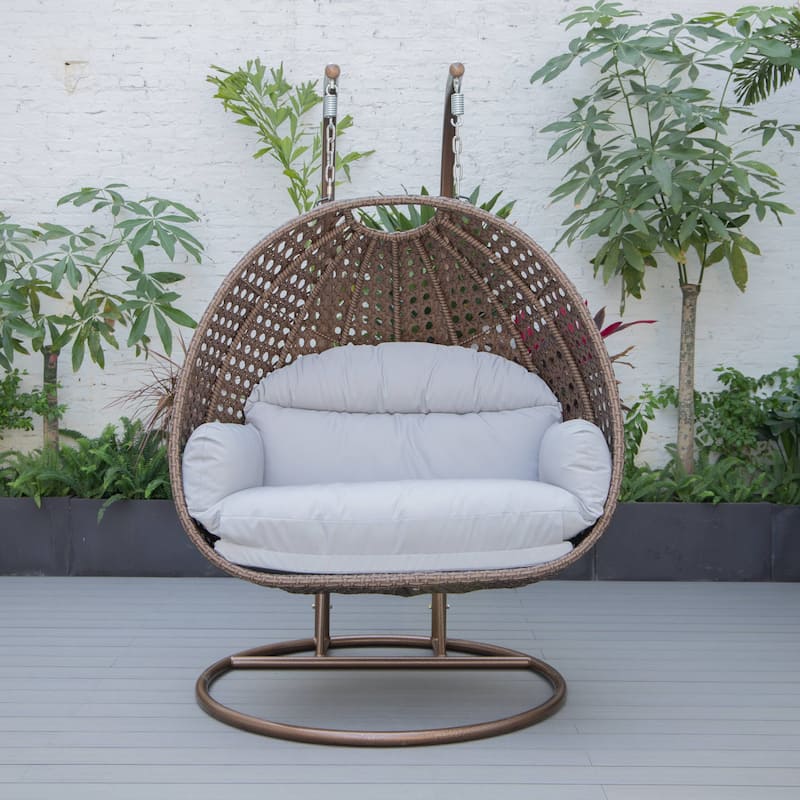 LeisureMod Mendoza Dark Brown 2 Seater Wicker Patio Hanging Double Swing Chair for Patio Porch Backyard Garden - 53"