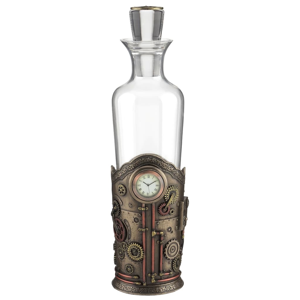Veronese Design 11.81" H STEAMPUNK SPIRIT DECANTER WITH CLOCK Cold Cast Bronze