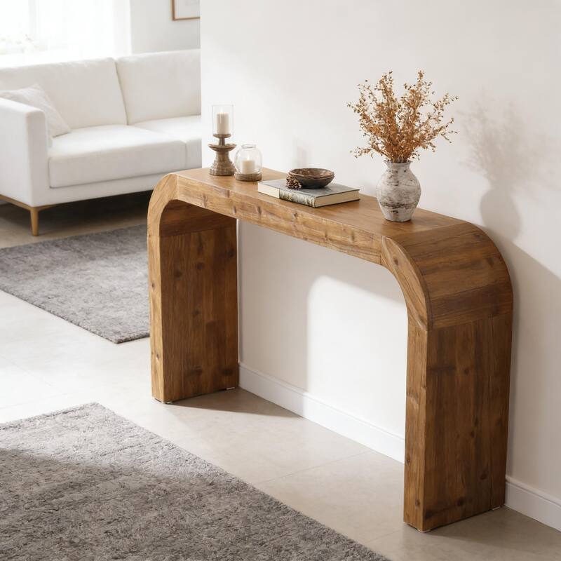 Farmhouse Narrow Console Table - Curved Wood Sofa Table