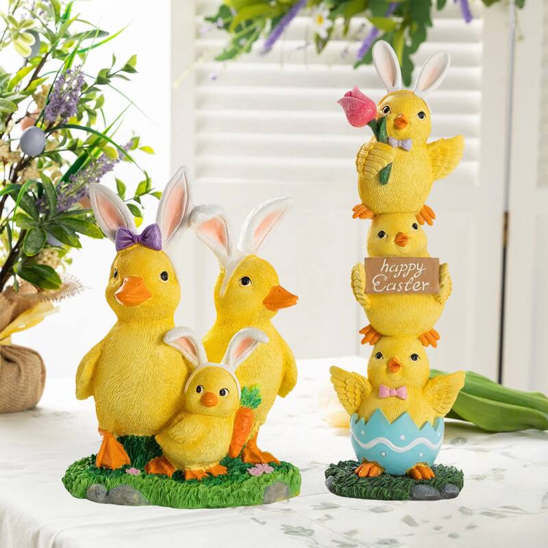 Glitzhome Easter Resin Duck Family Table Decor Stackable Chickens Figurine - Set of 2